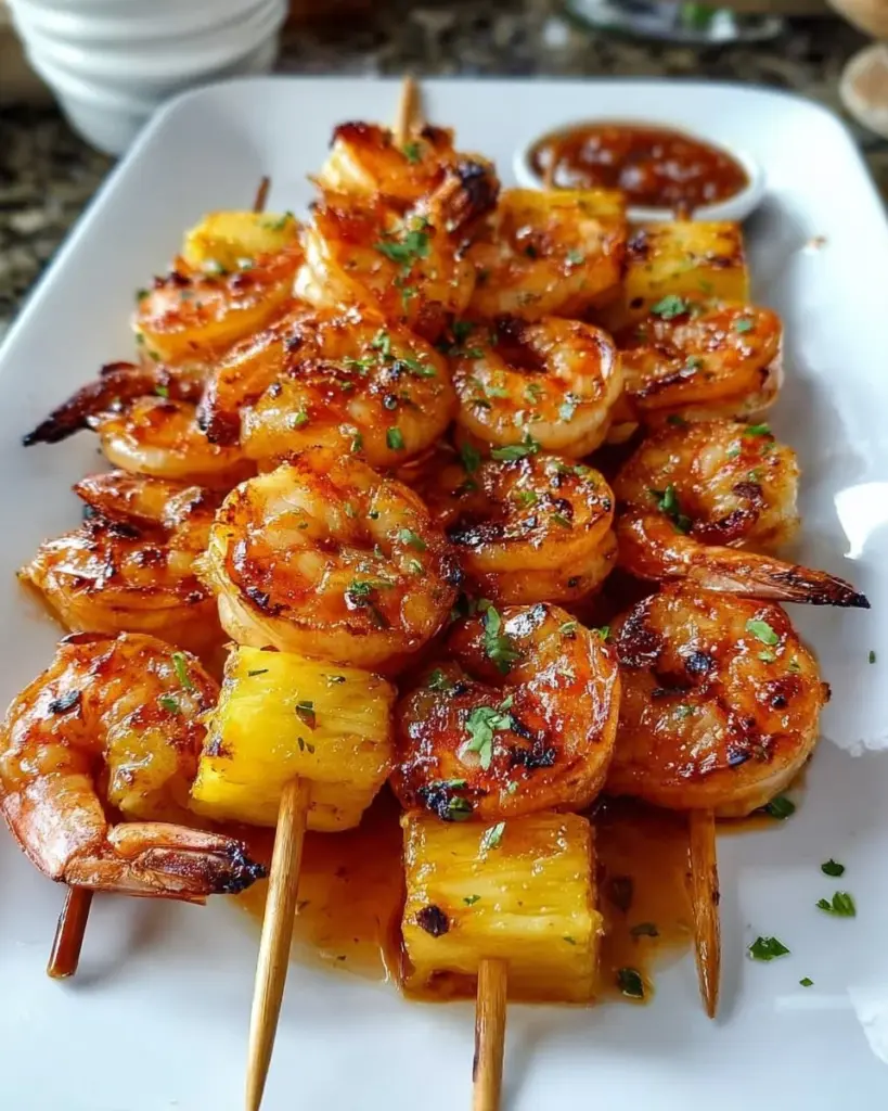 Delicious sweet and spicy pineapple shrimp skewers on a plate