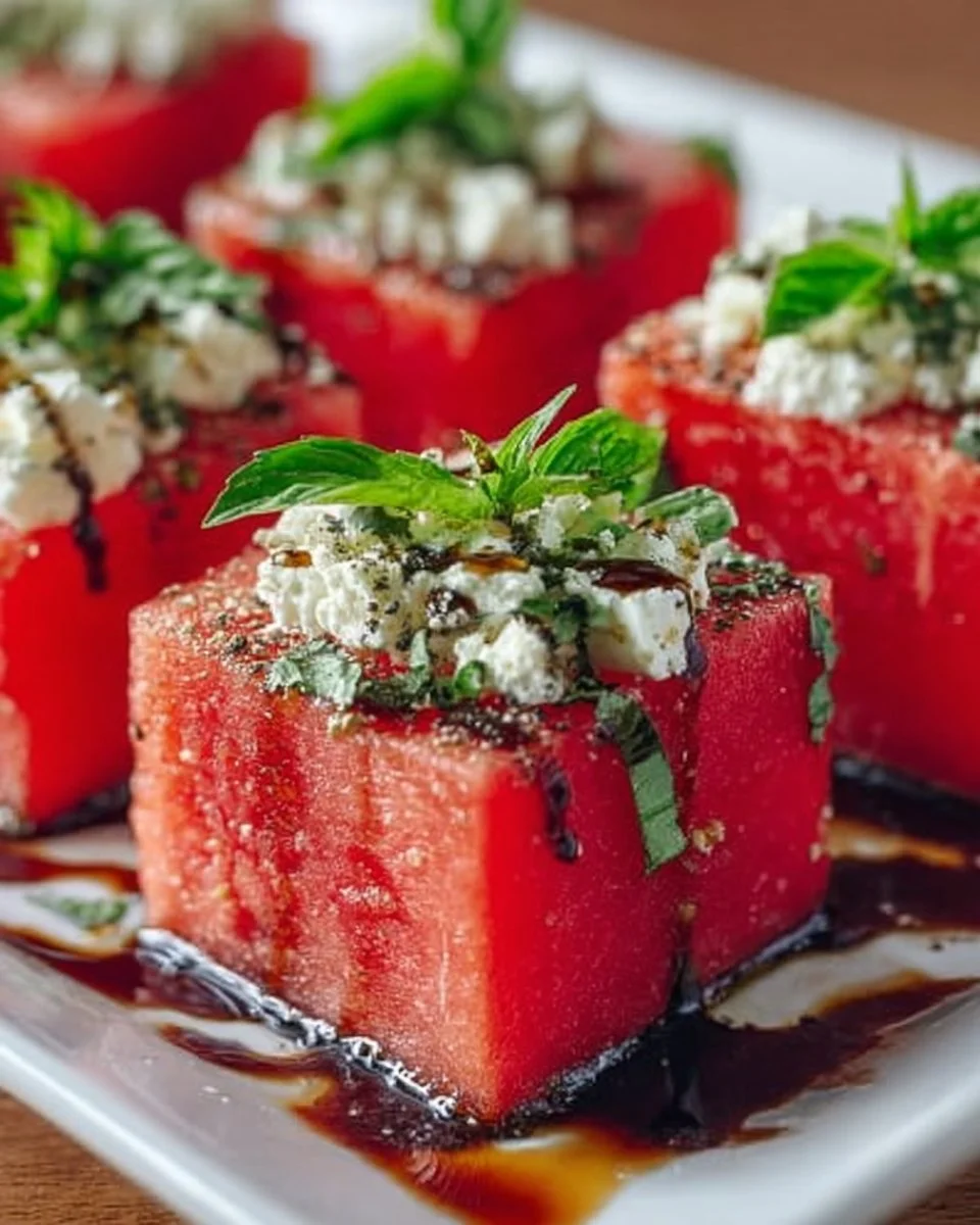 Delicious watermelon feta bites topped with fresh basil on a platter