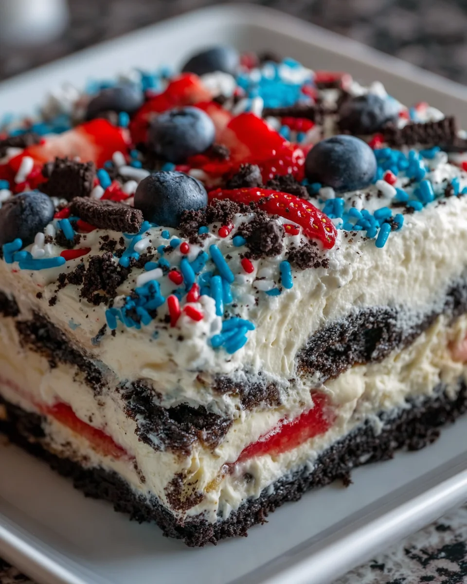 Patriotic Oreo Lasagna – No-Bake, Creamy & Perfect for Celebrations!