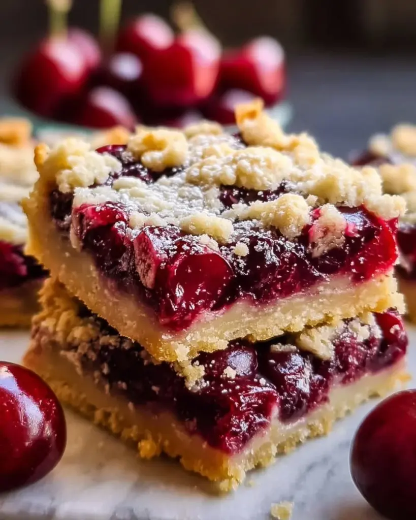 Delicious cherry pie bars topped with fresh cherries and a golden crust.