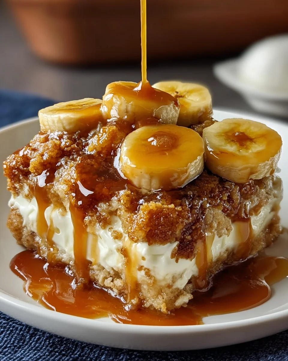 Southern Banana Cobbler with Cheesecake Filling and Caramel Drizzle