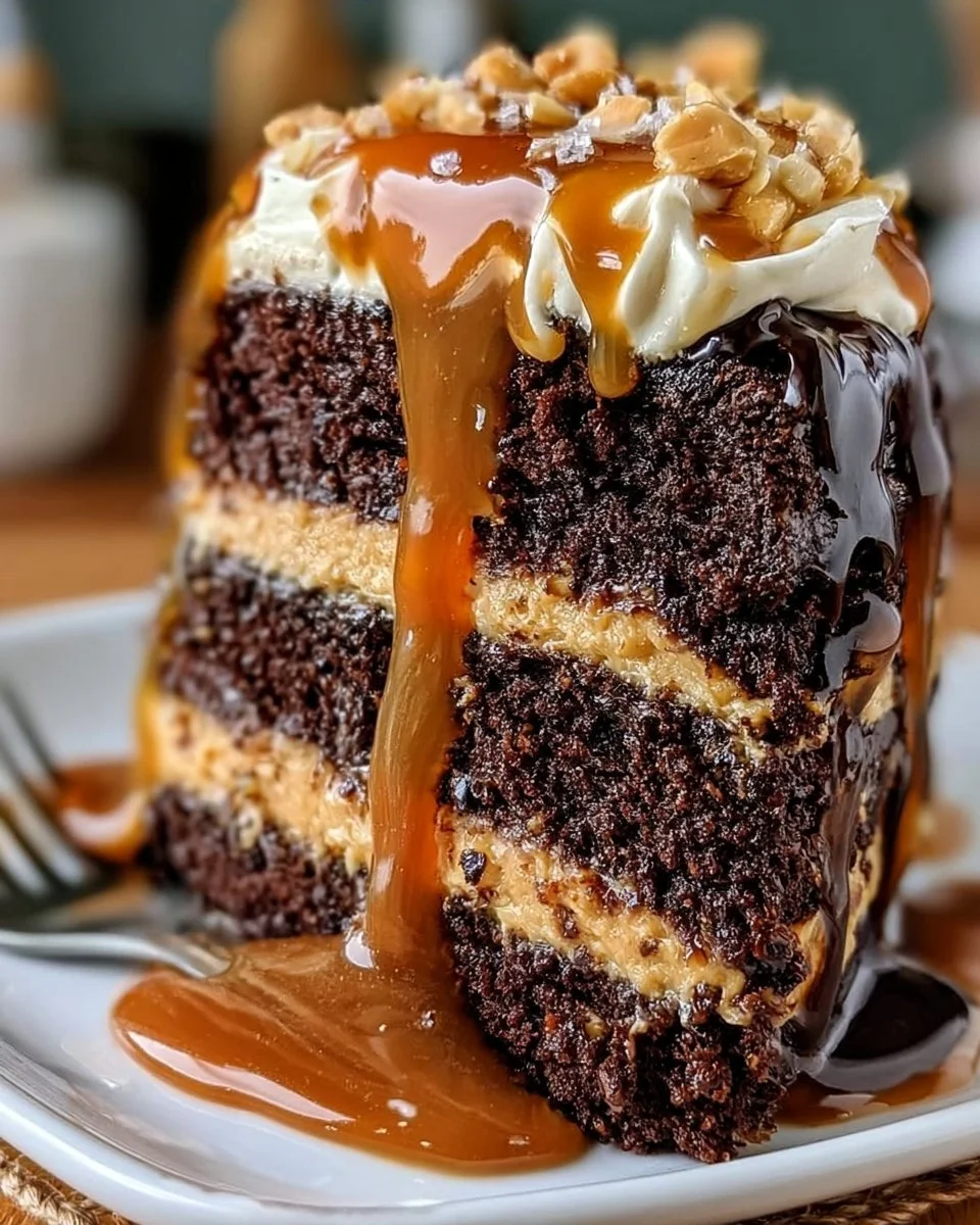 Easy Father’s Day Dark Chocolate Peanut Butter Cake Recipe with Salted Caramel Drizzle