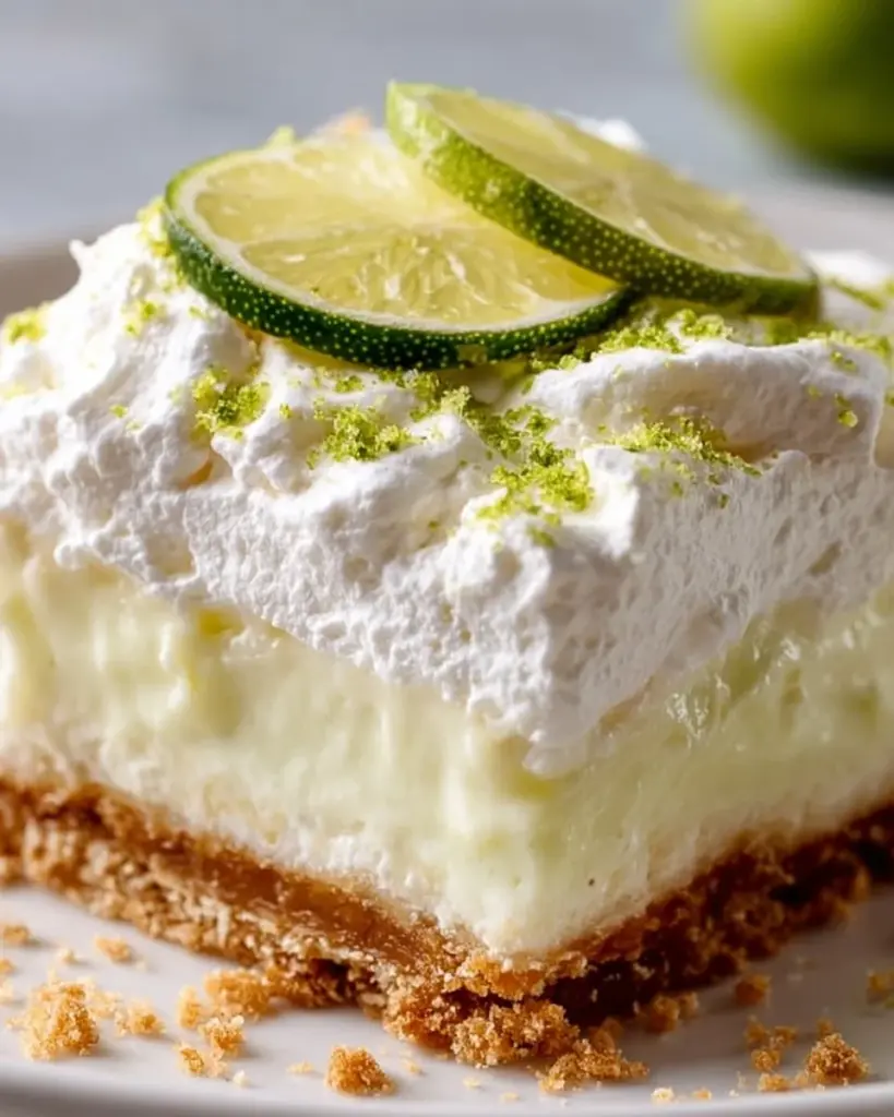 A delicious Key Lime Pie Lasagna layered with creamy filling and lime zest.