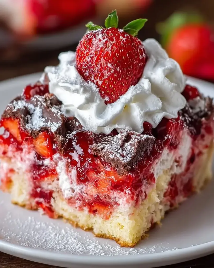 Delicious Strawberry Earthquake Cake topped with strawberries and cream cheese icing