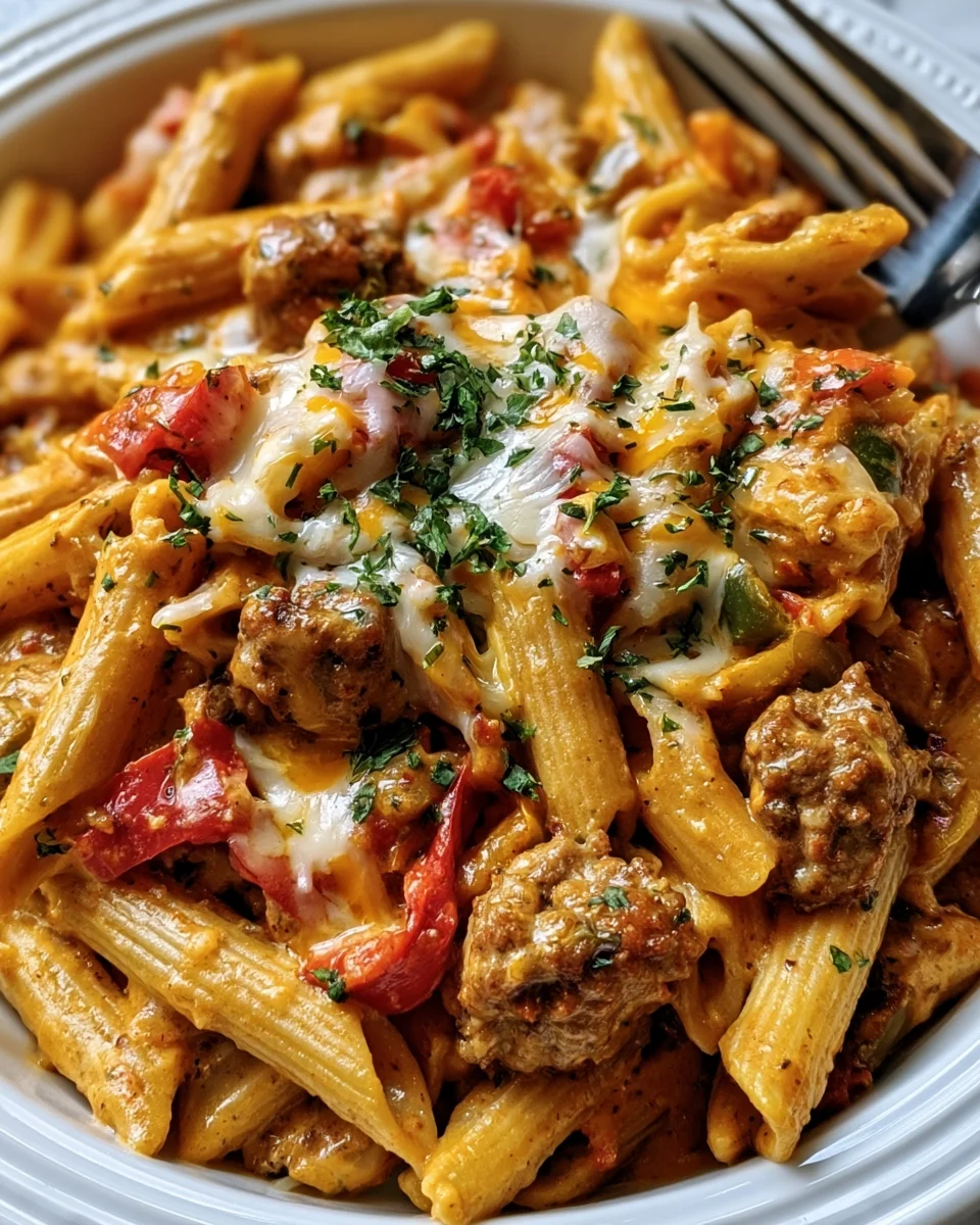 Creamy Sausage Penne with Bell Peppers & Cheddar
