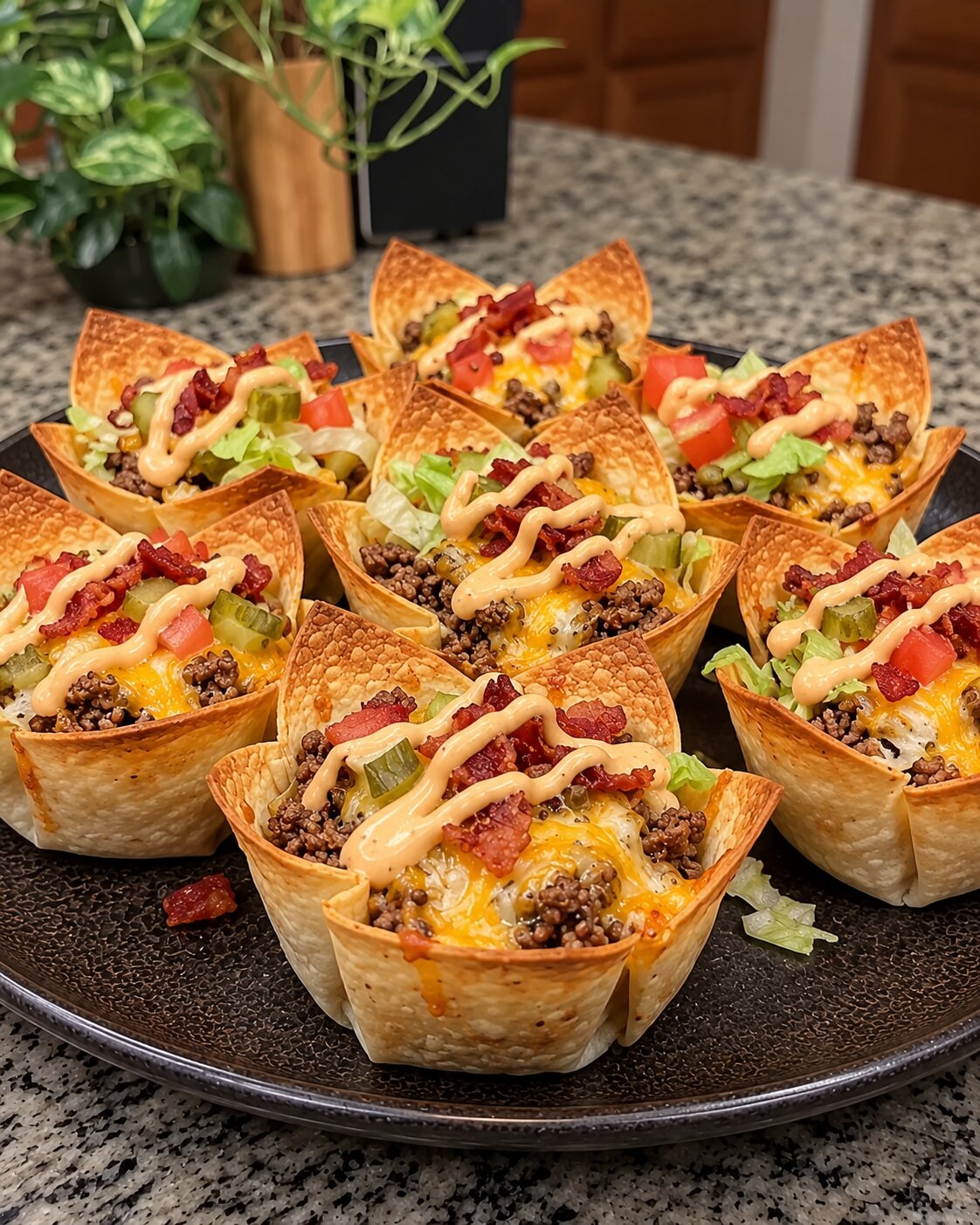 Crispy Garlic Cheddar Cheeseburger Tortilla Cups