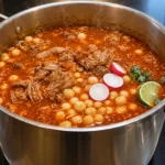 Mexican pork pozole rojo with white hominy in a stainless-steel stockpot