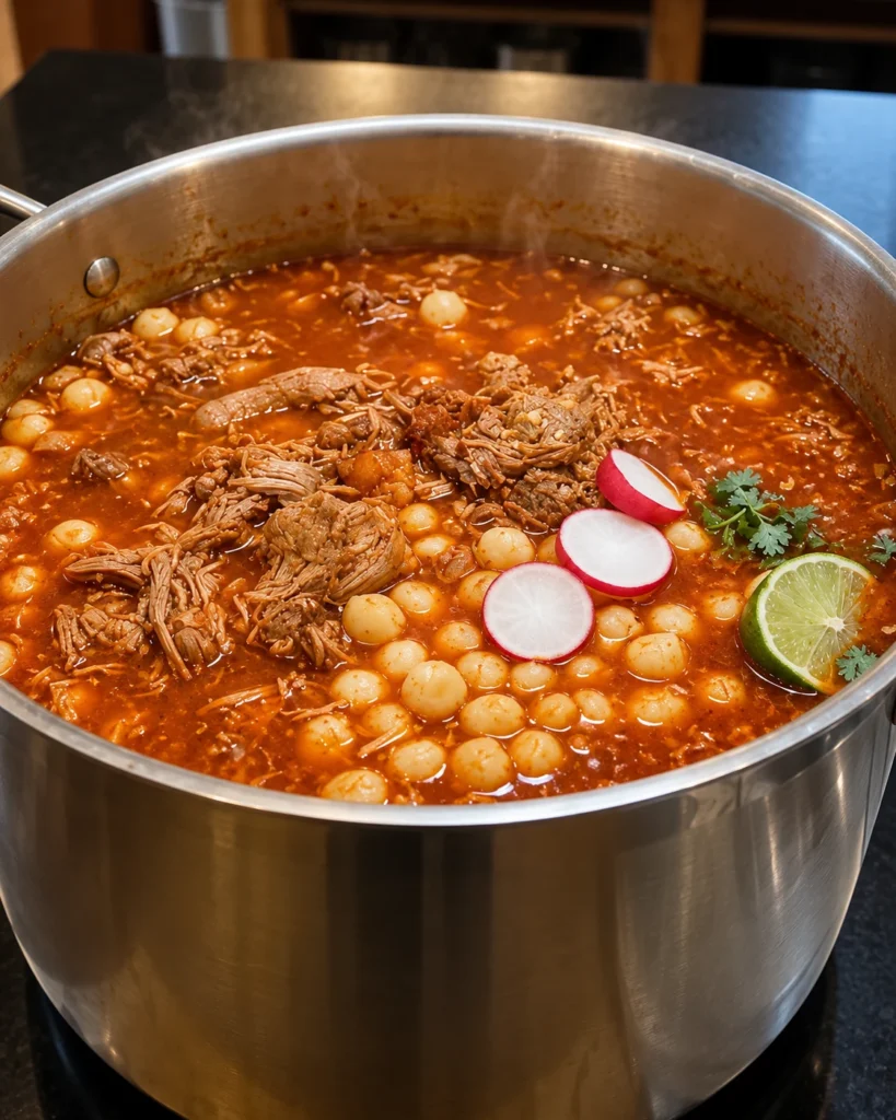 Mexican pork pozole rojo with white hominy in a stainless-steel stockpot