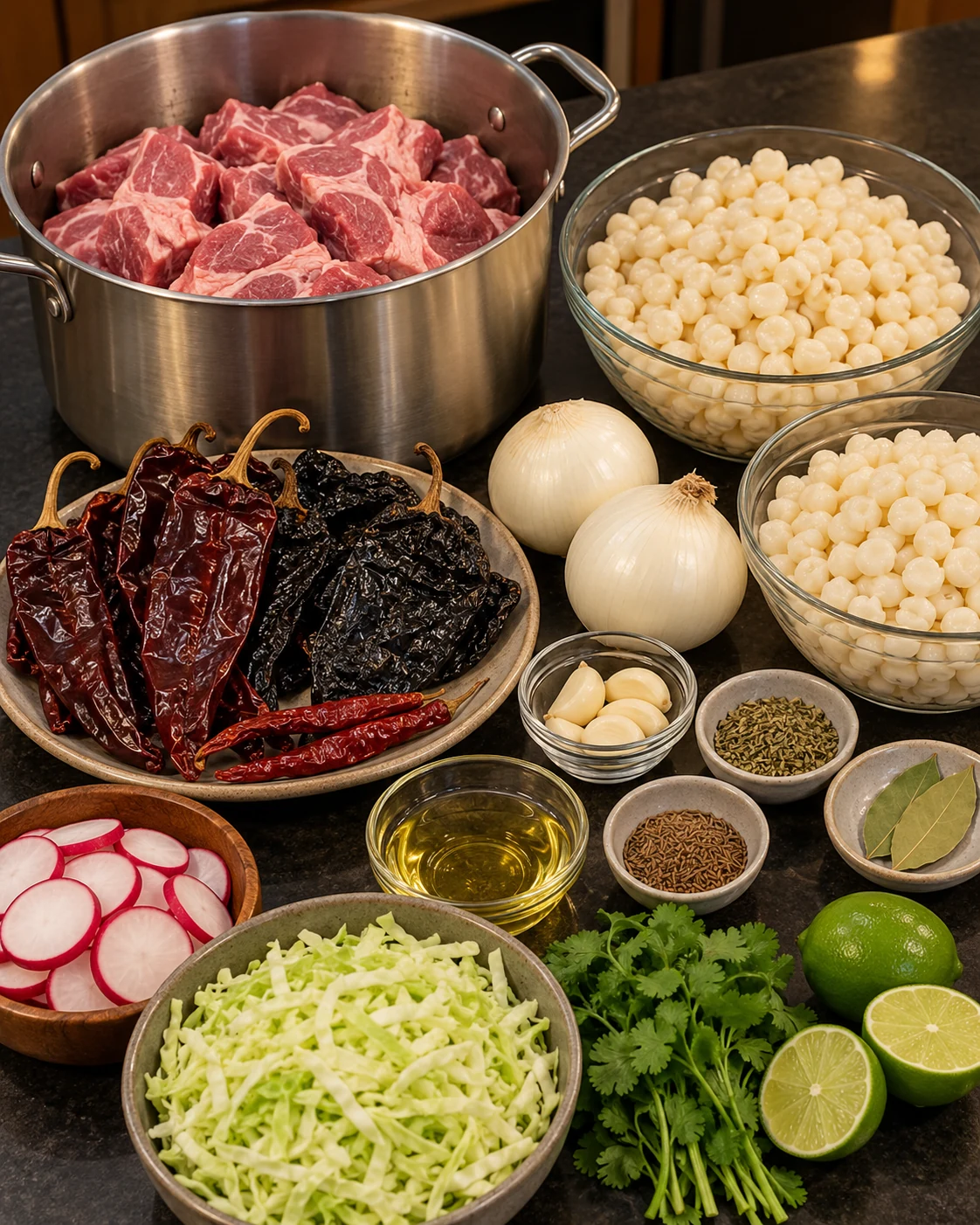 Ingredients for pork pozole rojo arranged on a dark kitchen countertop
