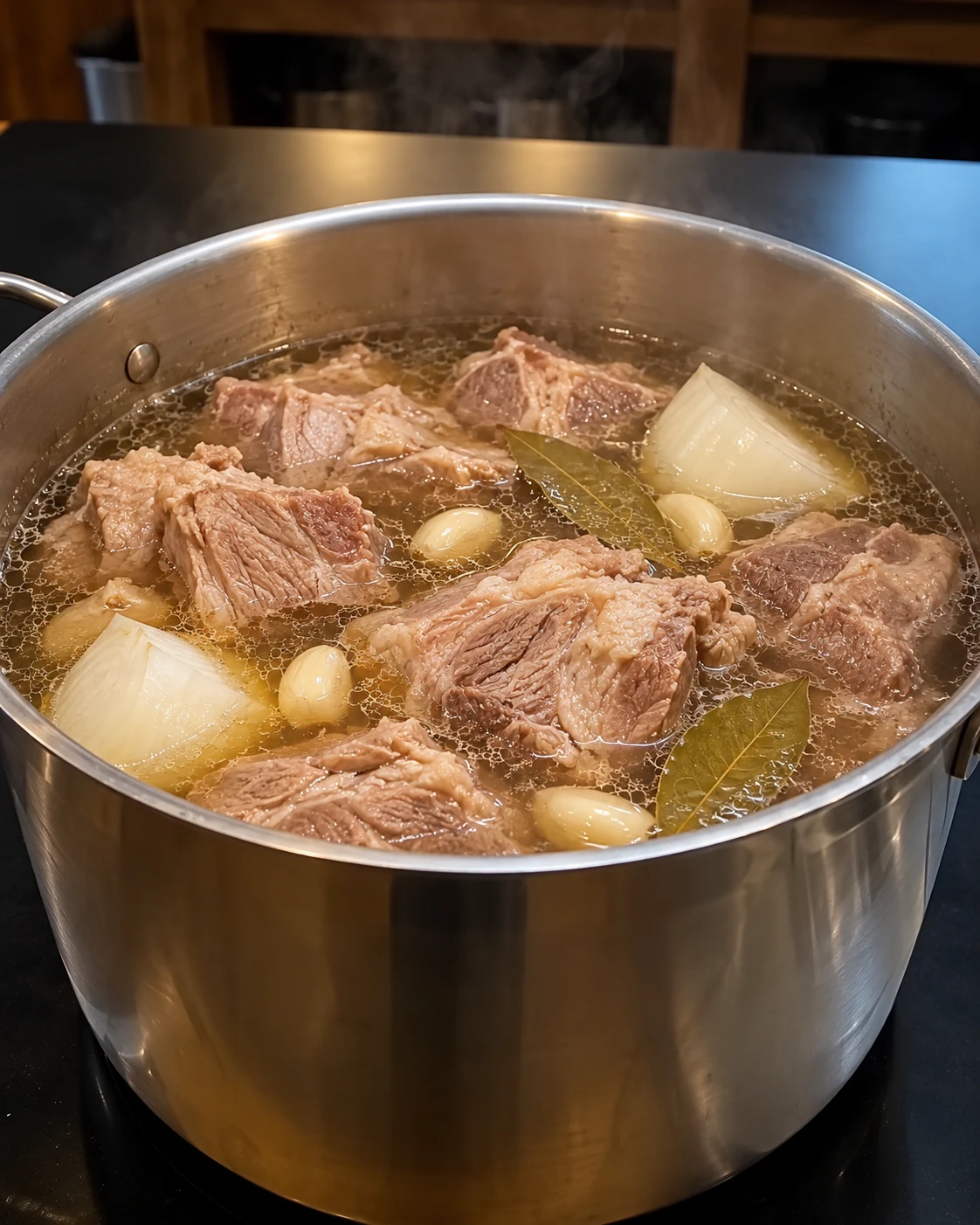 Pork shoulder simmering with onion garlic and bay leaves in a stockpot