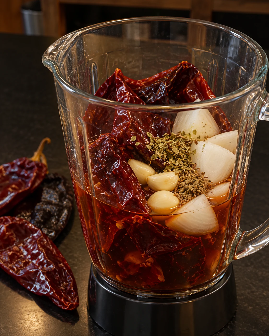 Softened guajillo and ancho chiles with aromatics in a blender