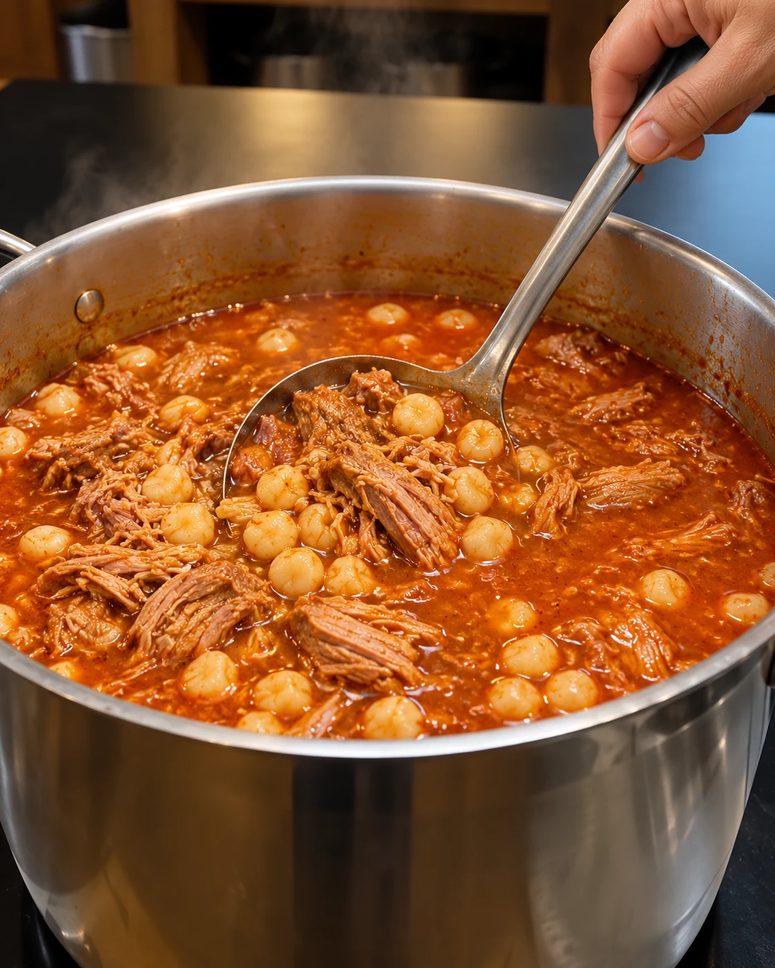 Pork and white hominy stirred into red chile pozole broth