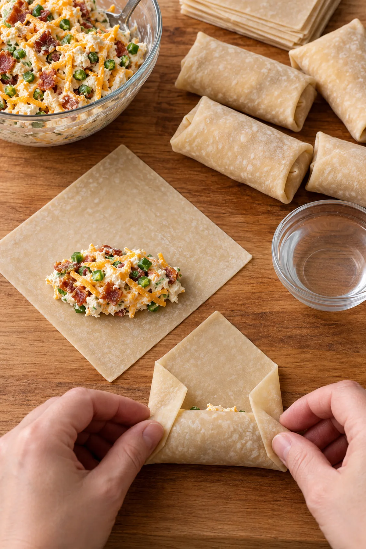 Bacon jalapeño popper filling being folded and sealed inside square eggroll wrappers