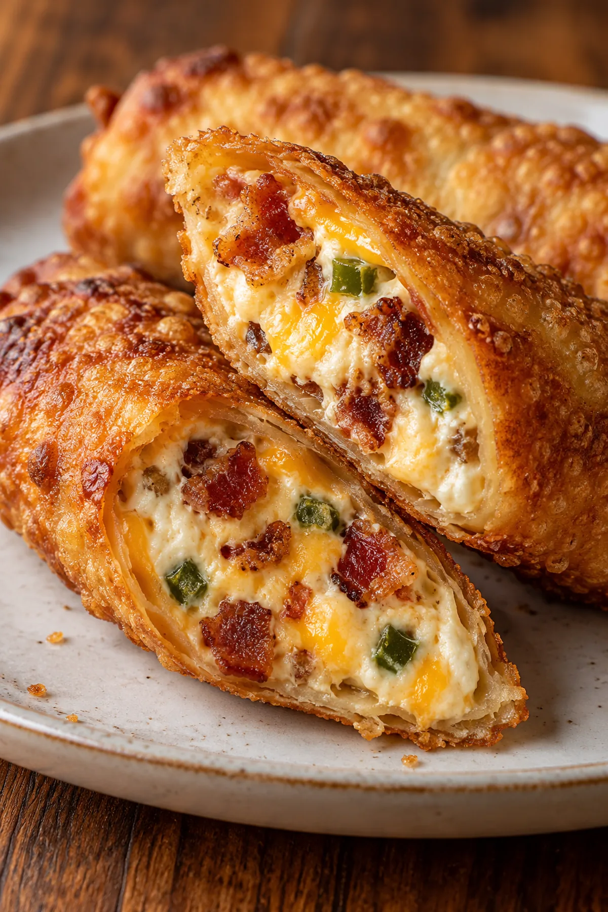 Close-up of crisp eggroll halves filled with cream cheese, cheddar, bacon, and jalapeño