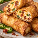 Crispy bacon jalapeño popper eggrolls with creamy cheddar, bacon, and jalapeño filling