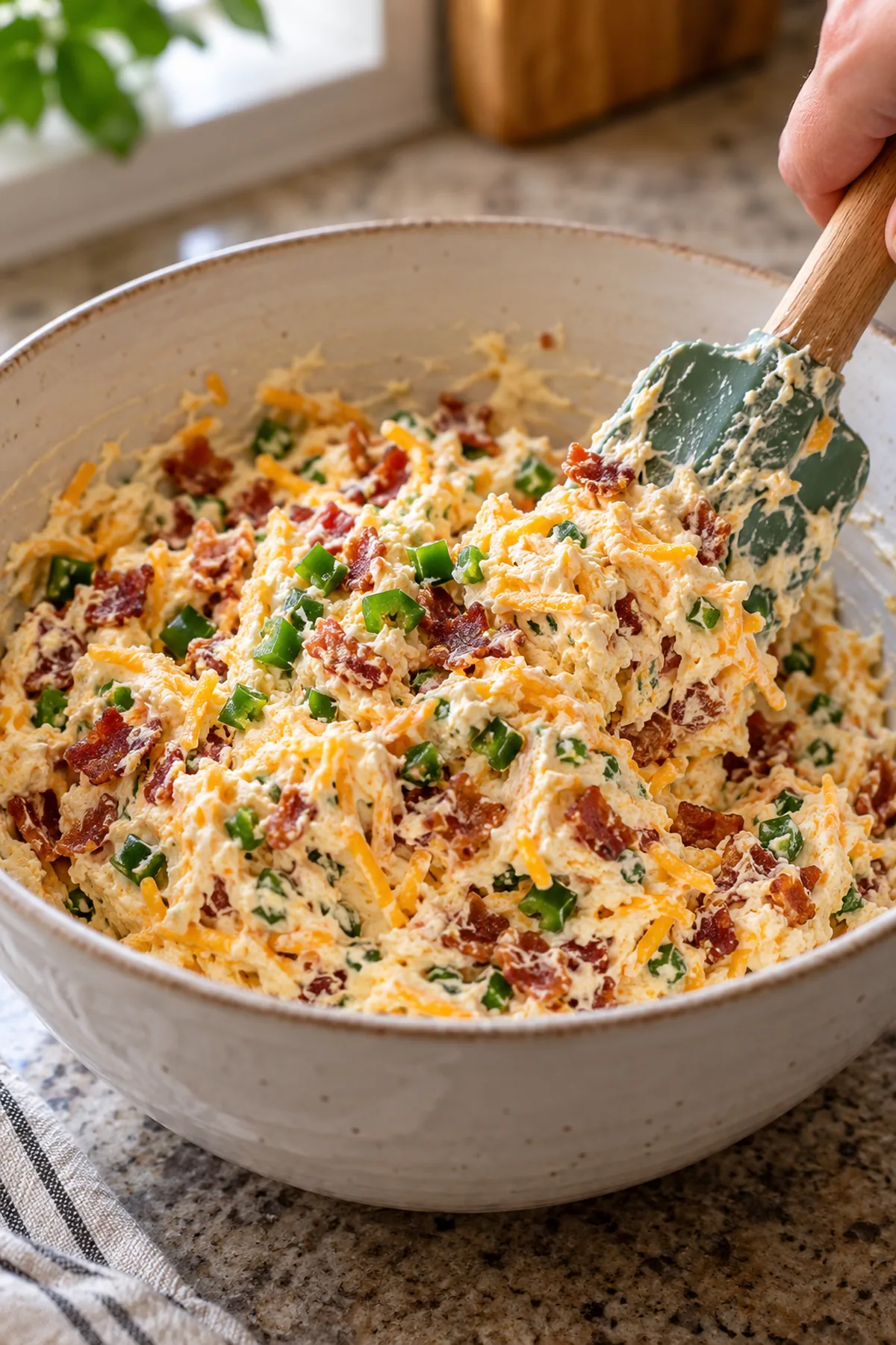 Cream cheese filling mixed with shredded cheddar, crumbled bacon, and chopped jalapeños