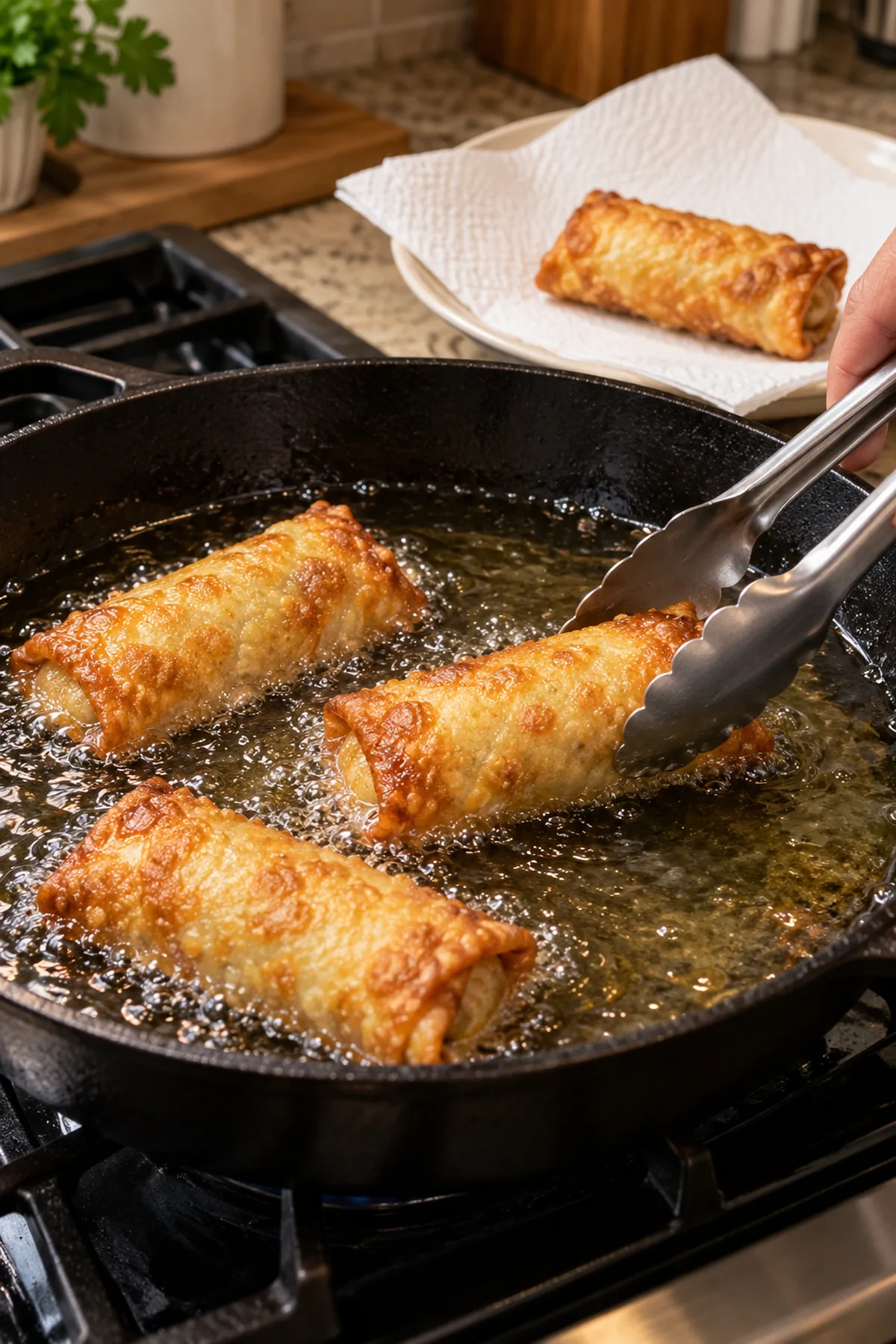 Bacon jalapeño popper eggrolls frying in vegetable oil until golden and crisp