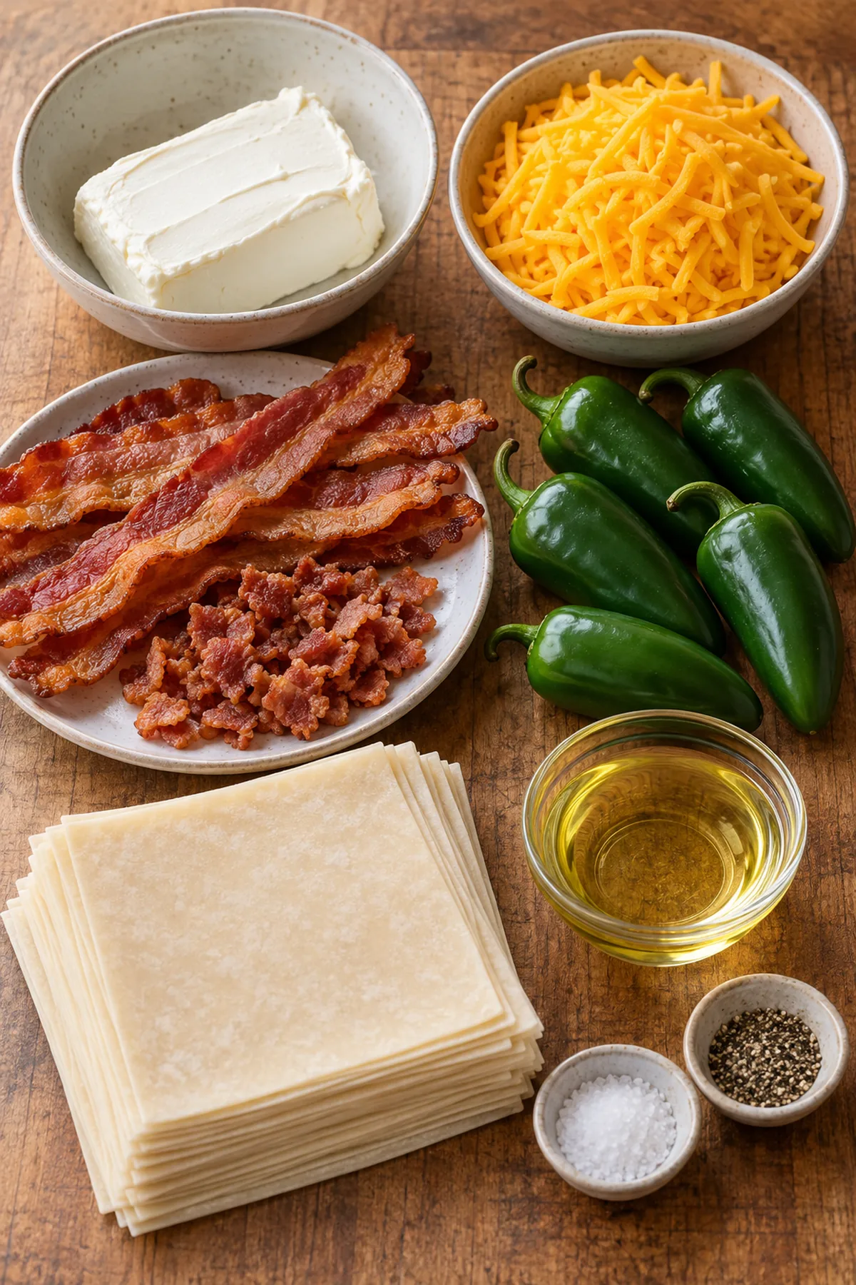 Cream cheese, cheddar, cooked bacon, fresh jalapeños, eggroll wrappers, and vegetable oil