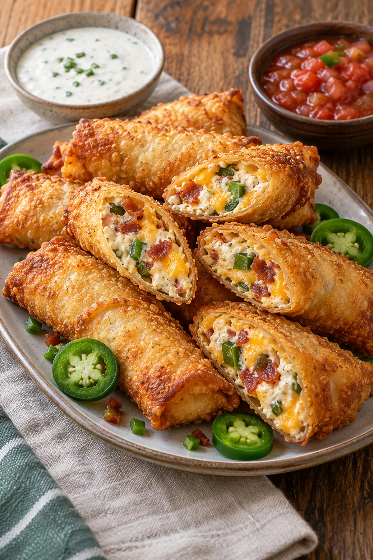 Platter of bacon jalapeño popper eggrolls served with ranch dip and salsa