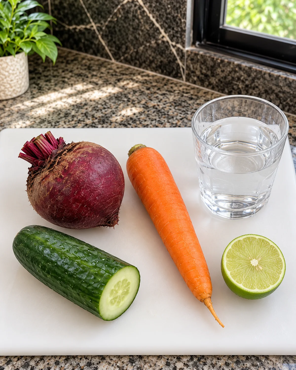 Beetroot carrot cucumber lime and cold water arranged for fresh vegetable juice