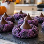 Purple witch hat Halloween cookies topped with pointed chocolate candies