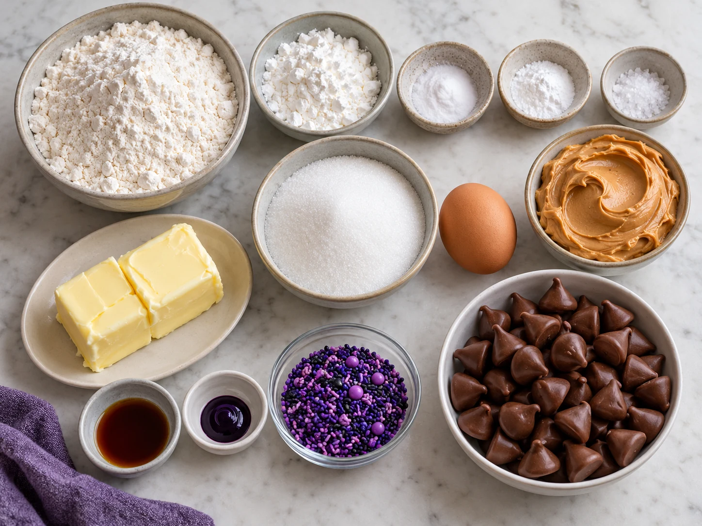 Flour, cornstarch, leavening, butter, sugar, egg, peanut butter, vanilla, purple coloring, sprinkles, and chocolate kisses