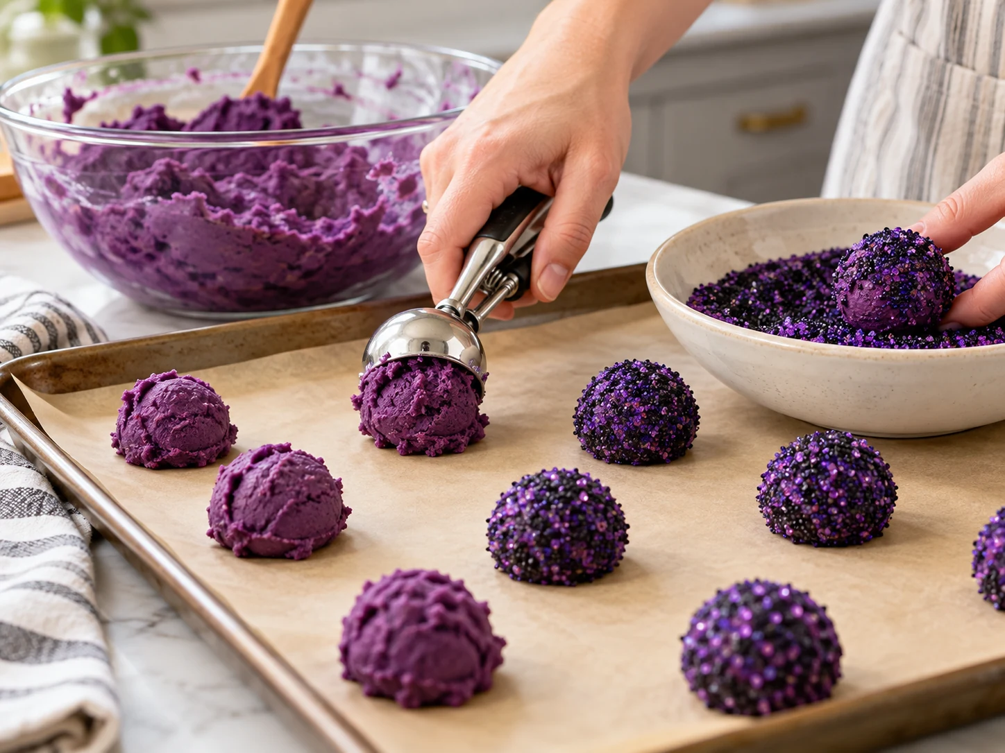 Purple cookie dough scooped and rolled in black and purple Halloween sprinkles