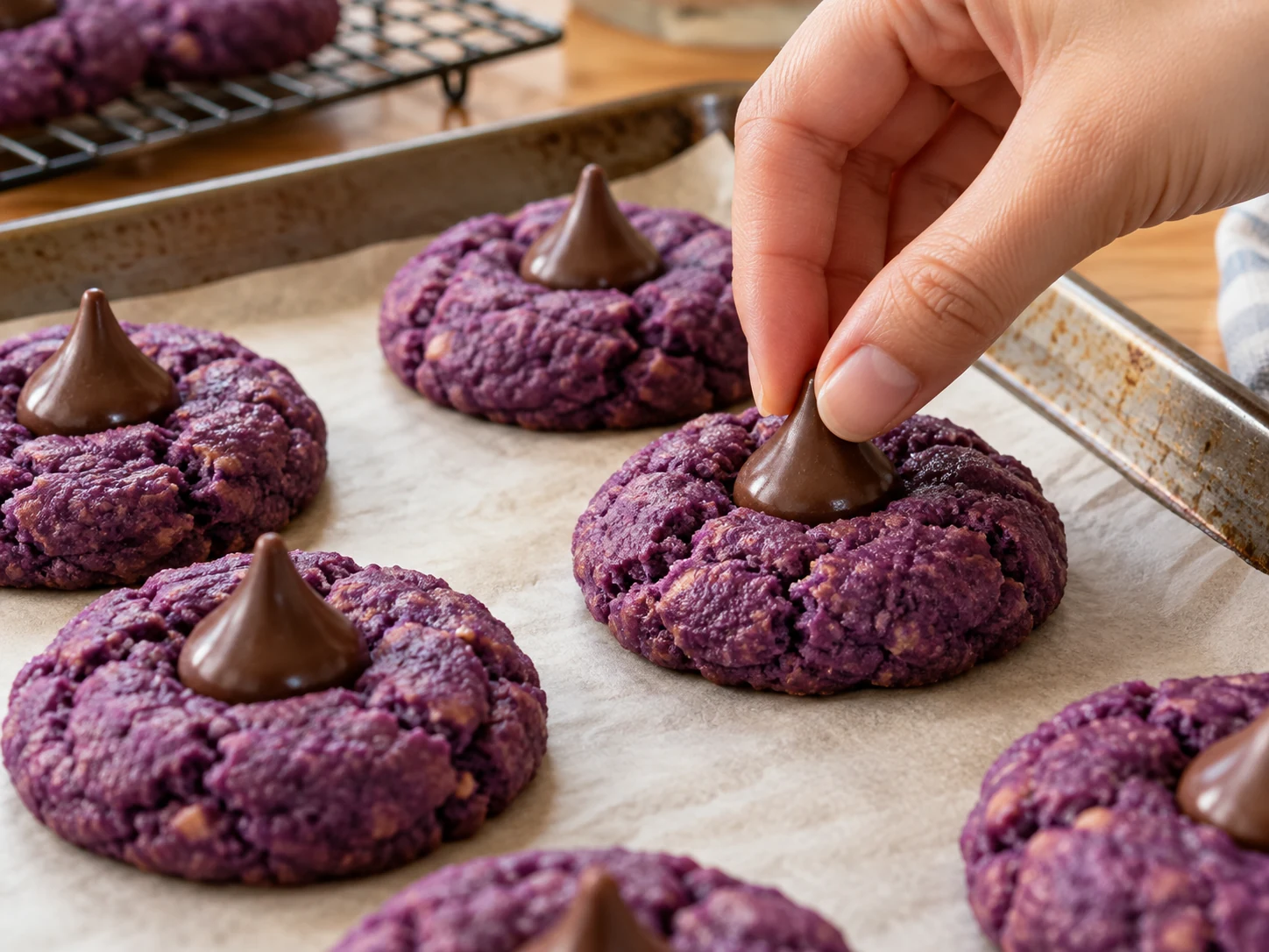 Chocolate kiss pressed into warm purple cookie to form a witch hat