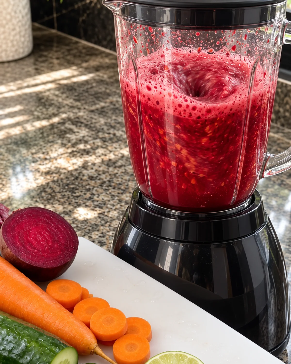 Beetroot carrot cucumber and lime juice blending into a deep ruby-red drink