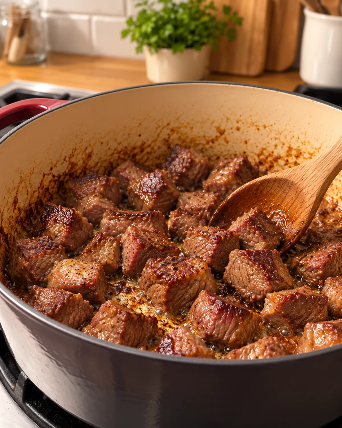 Beef chuck cubes browning in a Dutch oven for vegetable beef soup