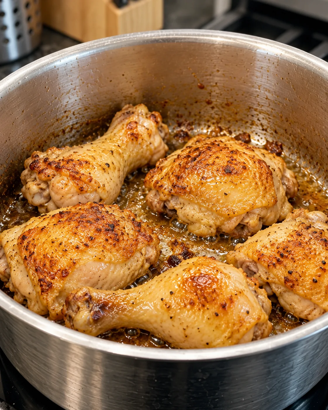 Bone-in chicken drumsticks and thighs browning in a stainless-steel pot