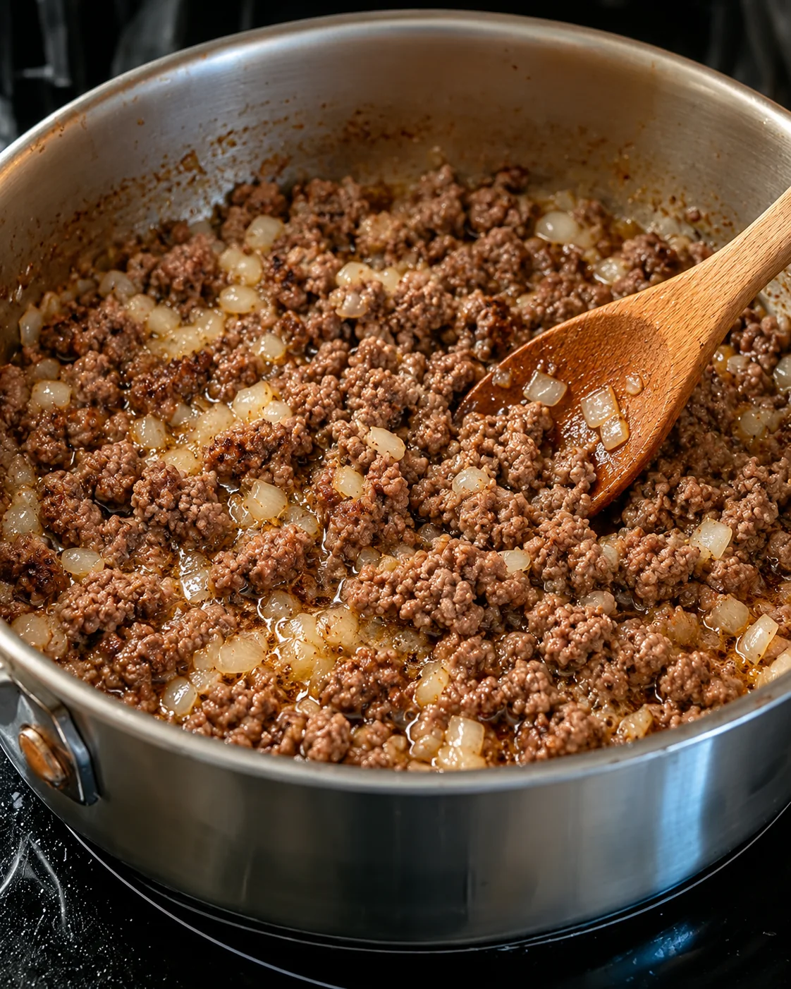 Ground beef and minced onion browning in a stainless-steel pot