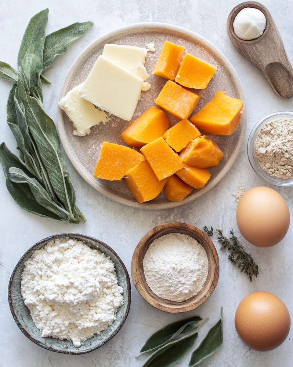 Butternut squash, ricotta, flour, egg, salt, nutmeg, butter, fresh sage, and Parmesan