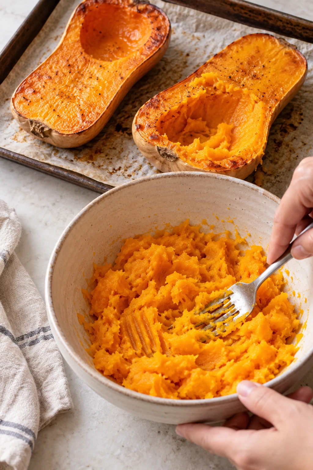 Roasted butternut squash mashed for homemade gnocchi dough