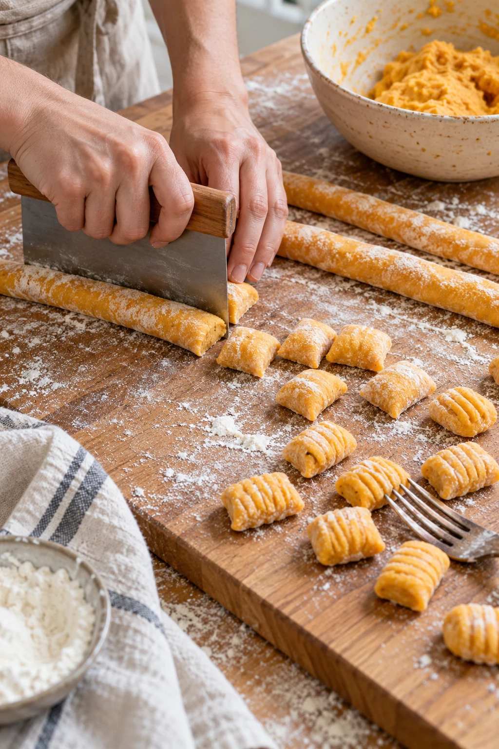 Butternut squash ricotta gnocchi dough rolled and cut into pieces
