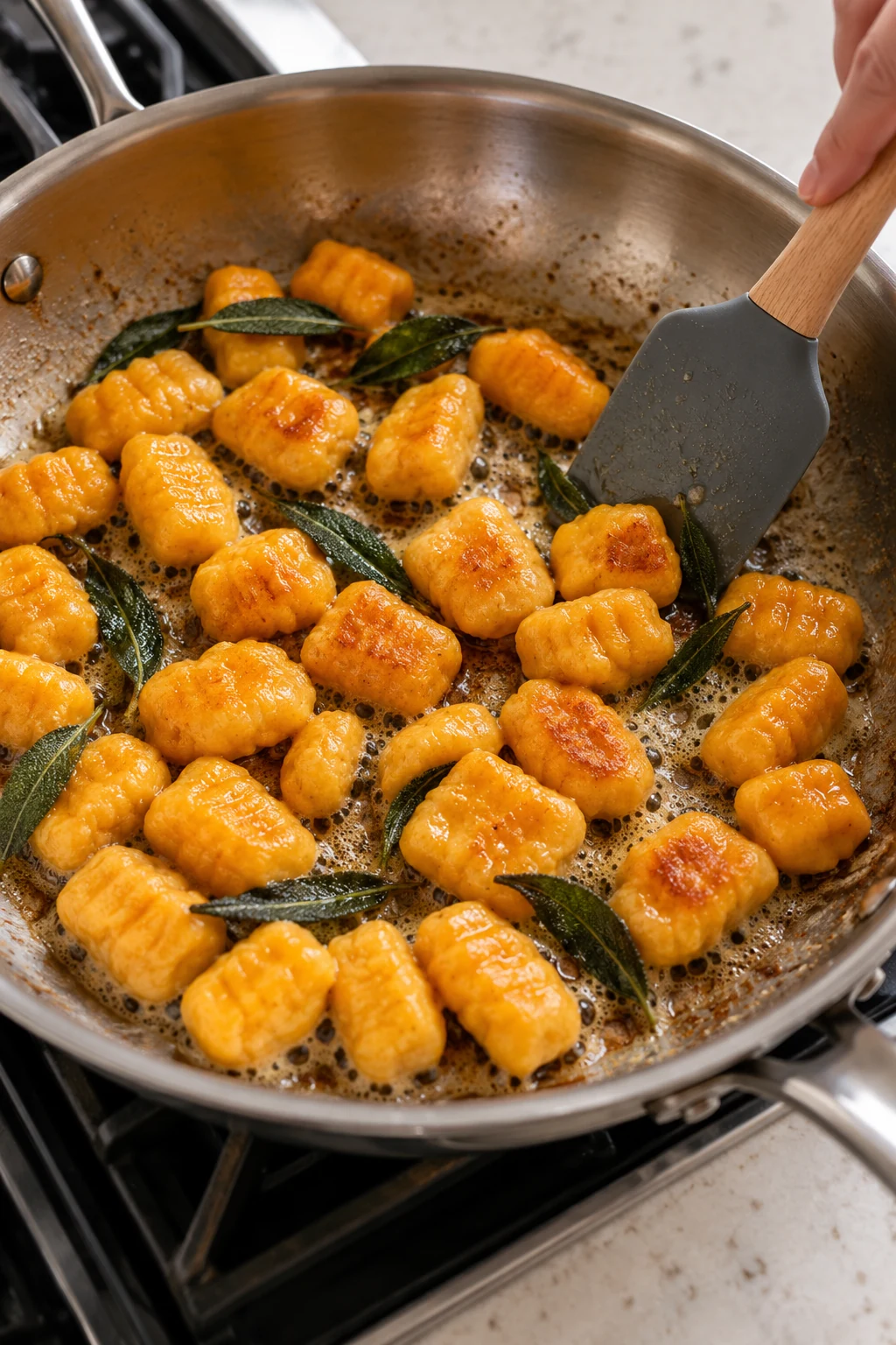 Cooked butternut squash gnocchi tossed in sage butter in a skillet