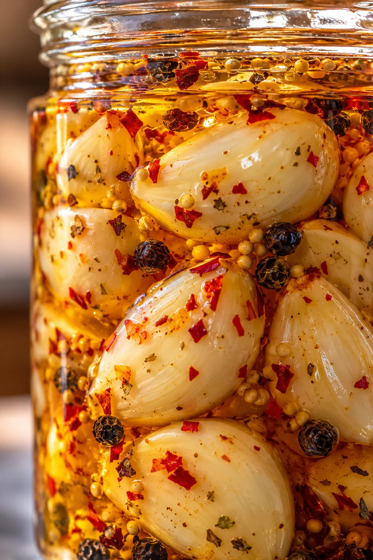 Close-up of pickled garlic cloves with pepper flakes, mustard seeds, and peppercorns