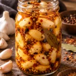 Jar of Cajun spicy pickled garlic with red pepper flakes and whole spices