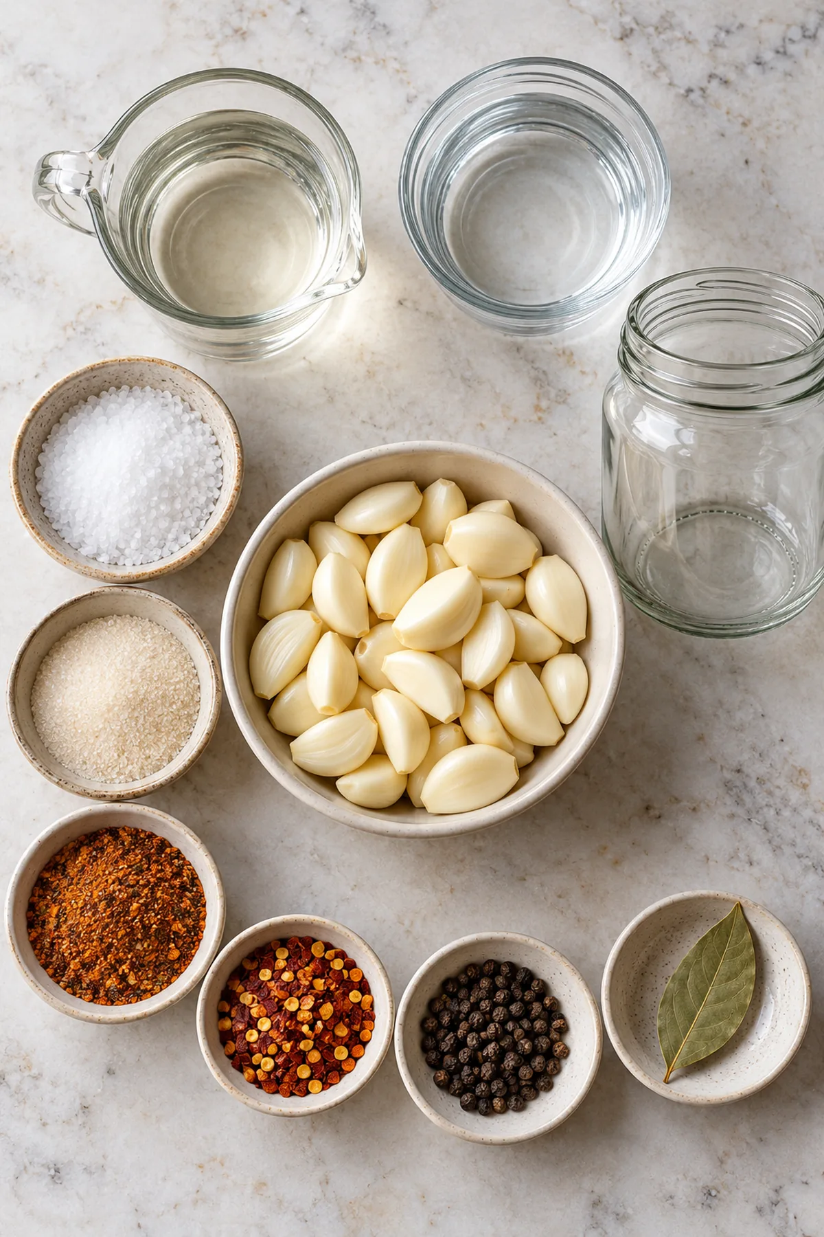 Ingredients for Cajun spicy pickled garlic arranged beside an empty jar
