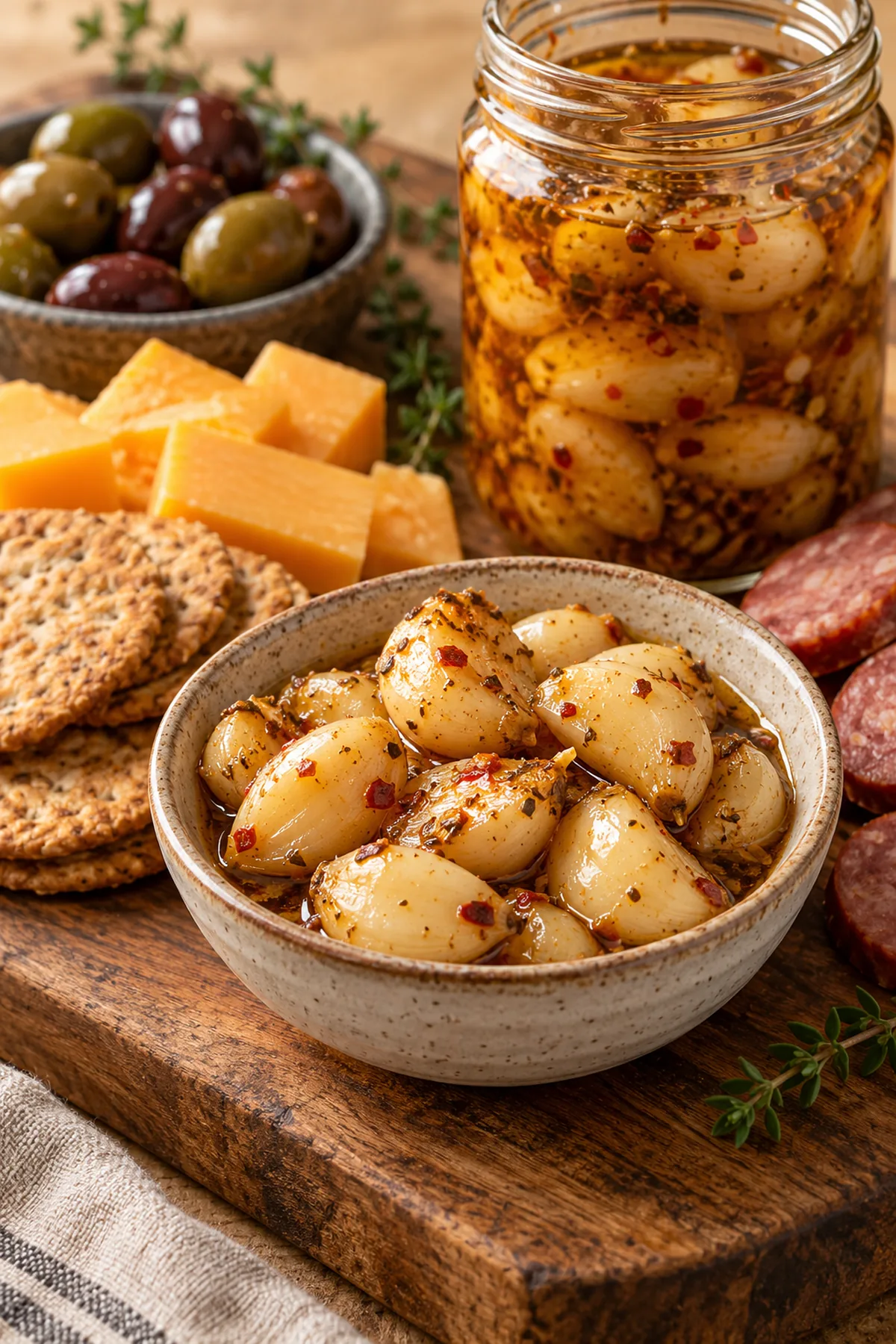 Cajun pickled garlic served with crackers, cheese, olives, and smoked sausage