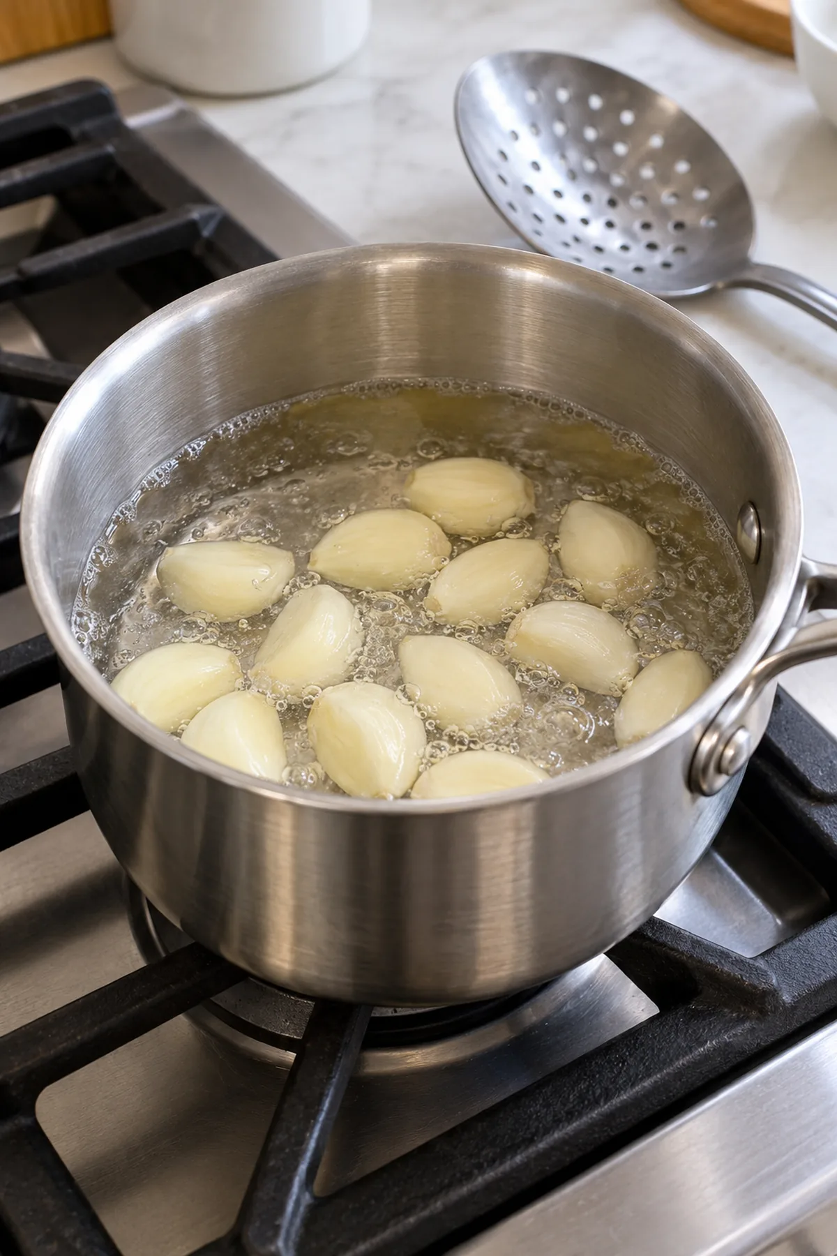 Whole garlic cloves blanching briefly in a stainless steel saucepan