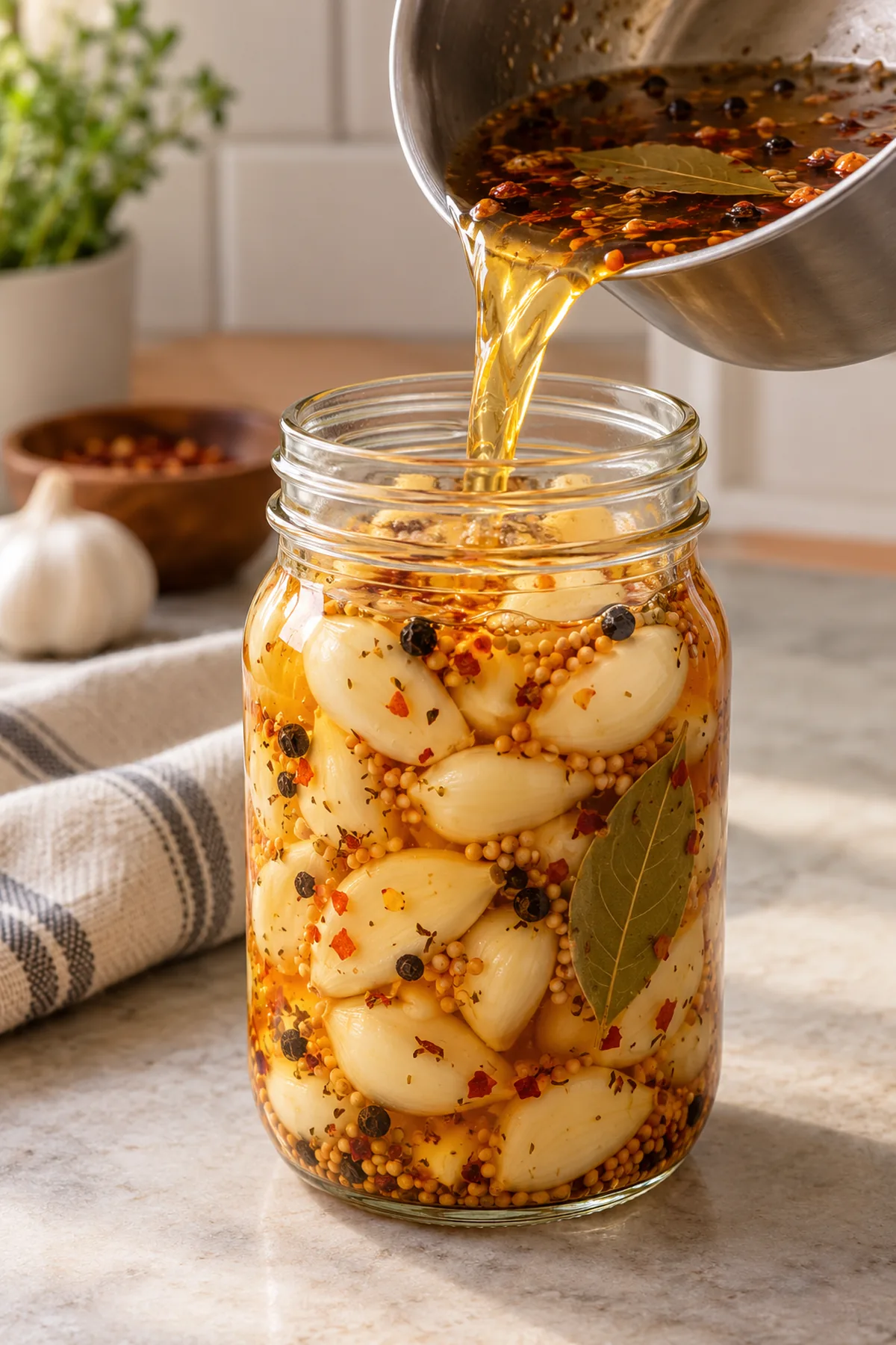 Hot Cajun pickling brine being poured over garlic cloves in a glass jar