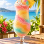 Finished Caribbean Cloud Candy frozen cocktail with rainbow sherbet and pineapple