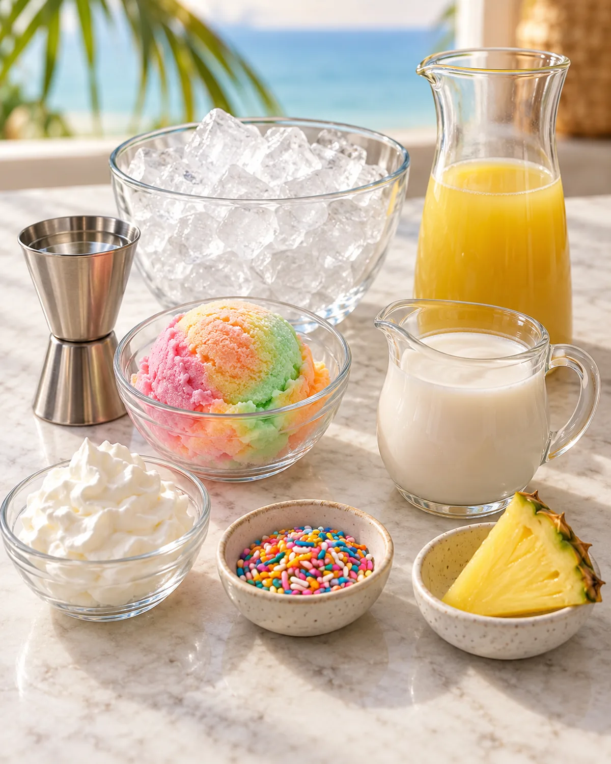 Coconut rum, rainbow sherbet, ice, pineapple juice, cream of coconut, and optional garnishes