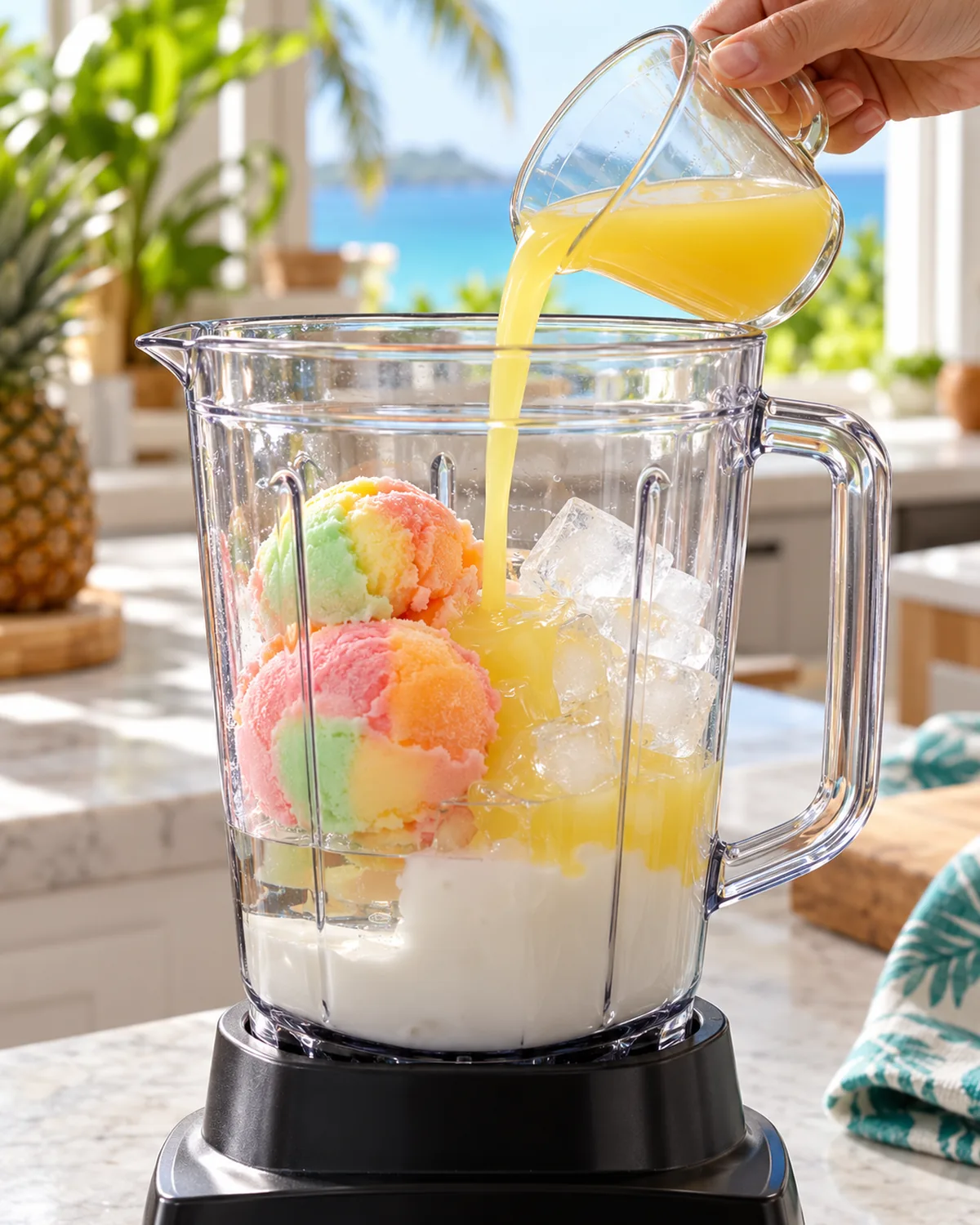 Pineapple juice added to rainbow sherbet, ice, coconut rum, and cream of coconut in a blender
