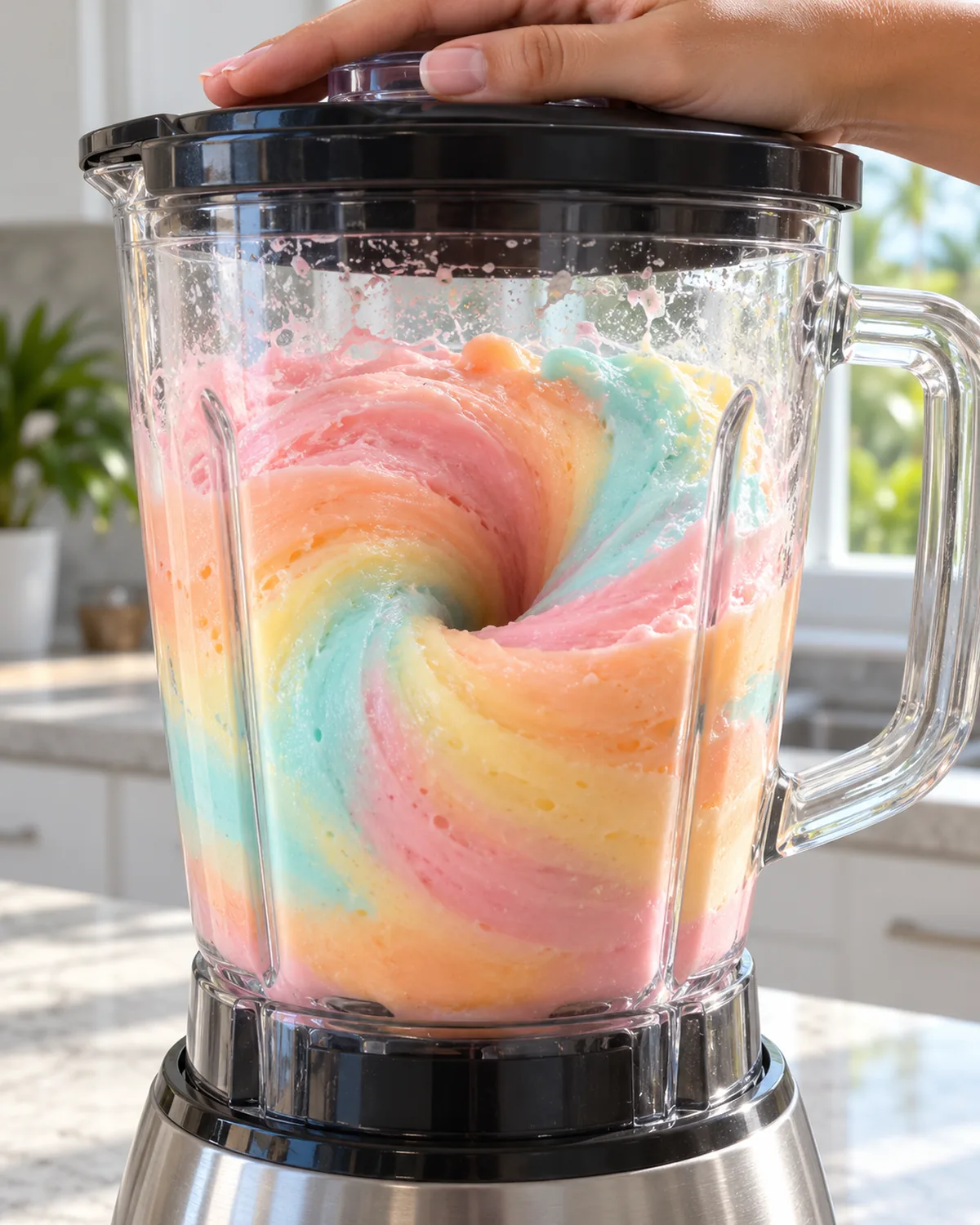 Pastel Caribbean Cloud Candy cocktail blended until thick and smooth