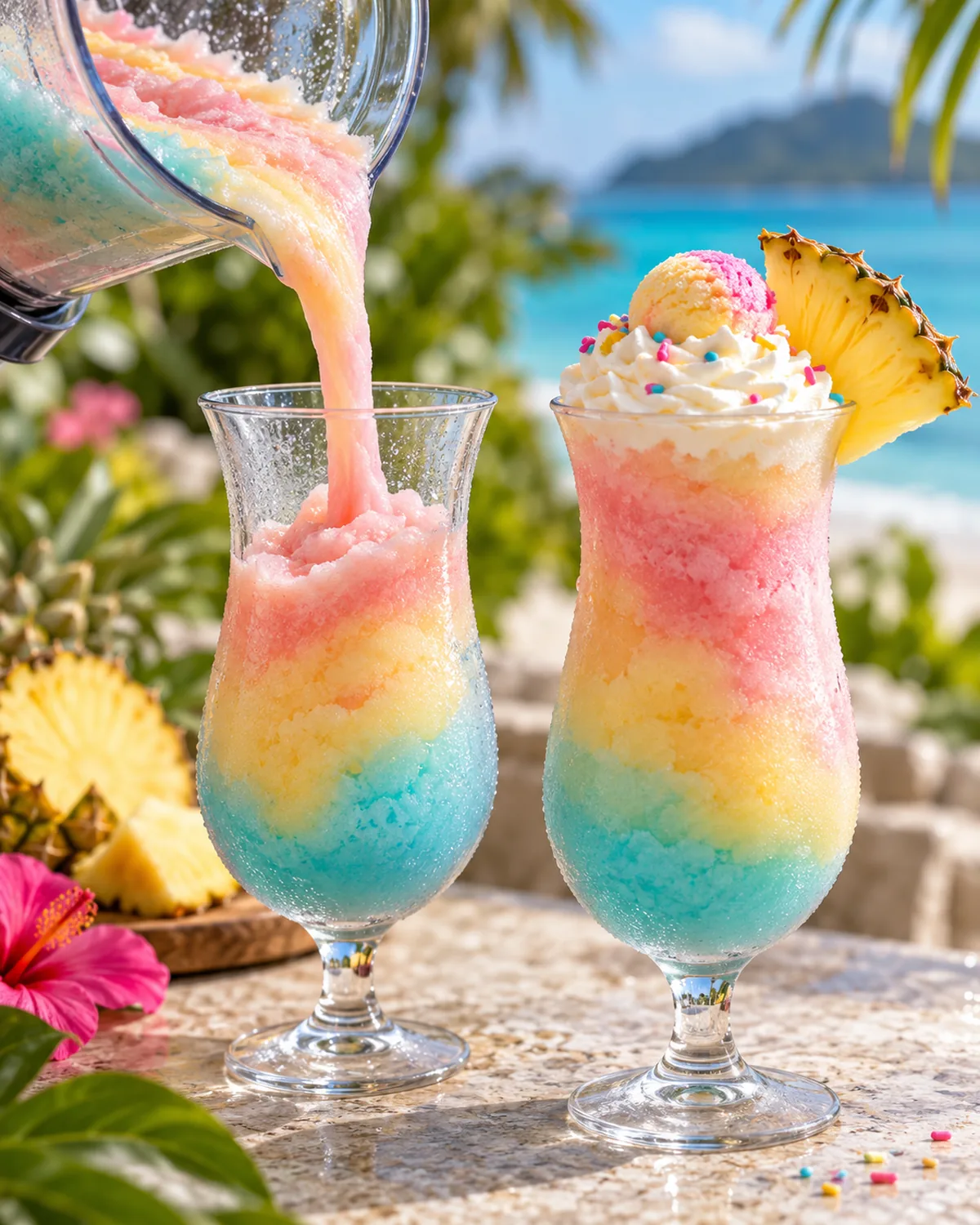 Caribbean Cloud Candy poured into a chilled glass and finished with tropical garnishes