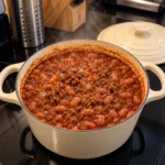 Carne molida con frijoles in thick chile colorado sauce