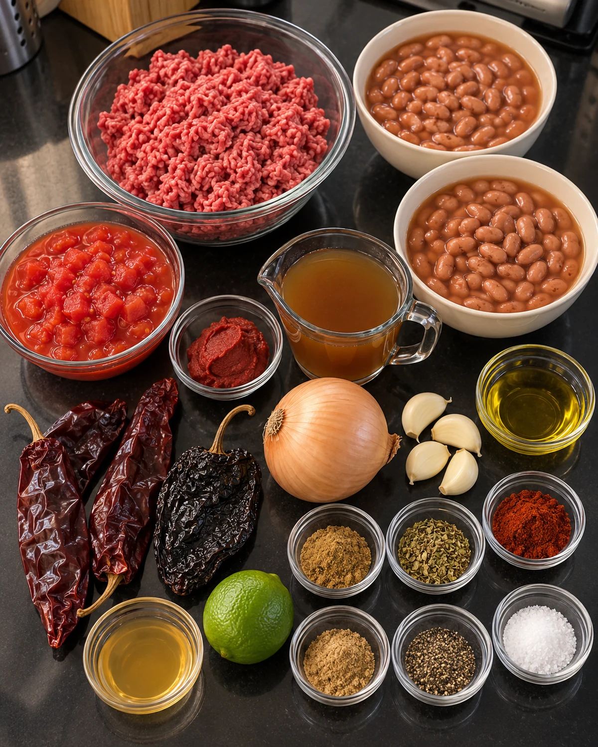 Ingredients for carne molida con frijoles and homemade chile colorado sauce