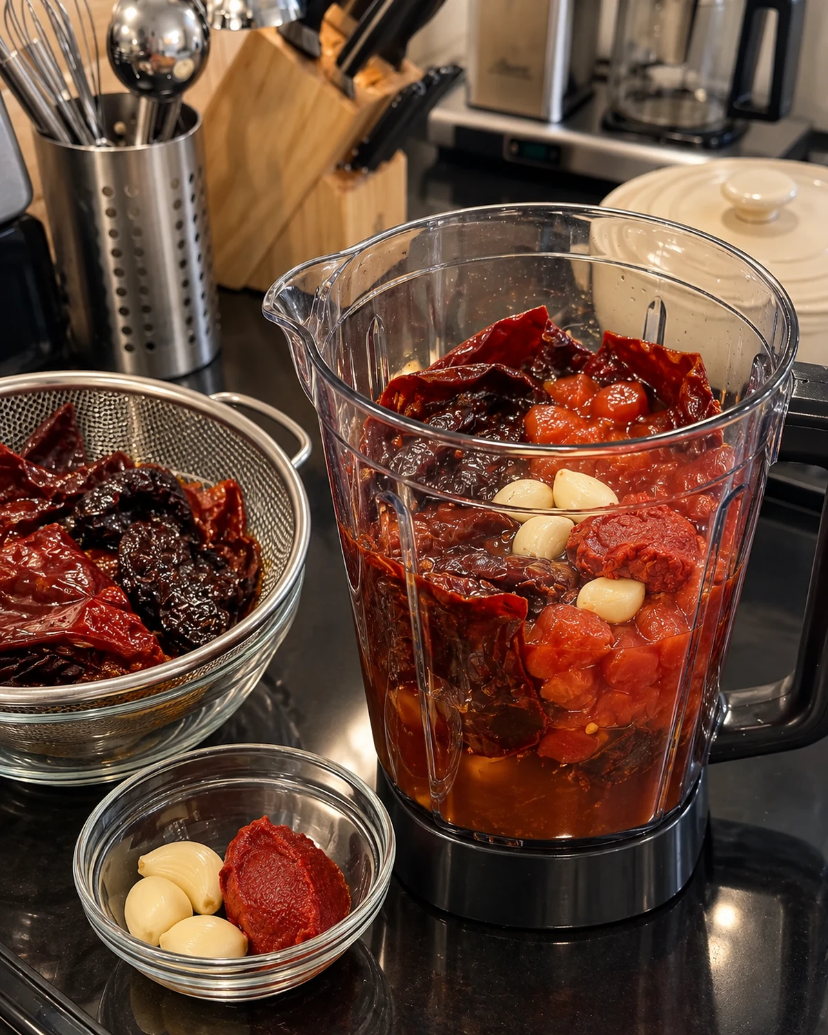 Softened guajillo and ancho chiles with tomatoes and garlic in a blender